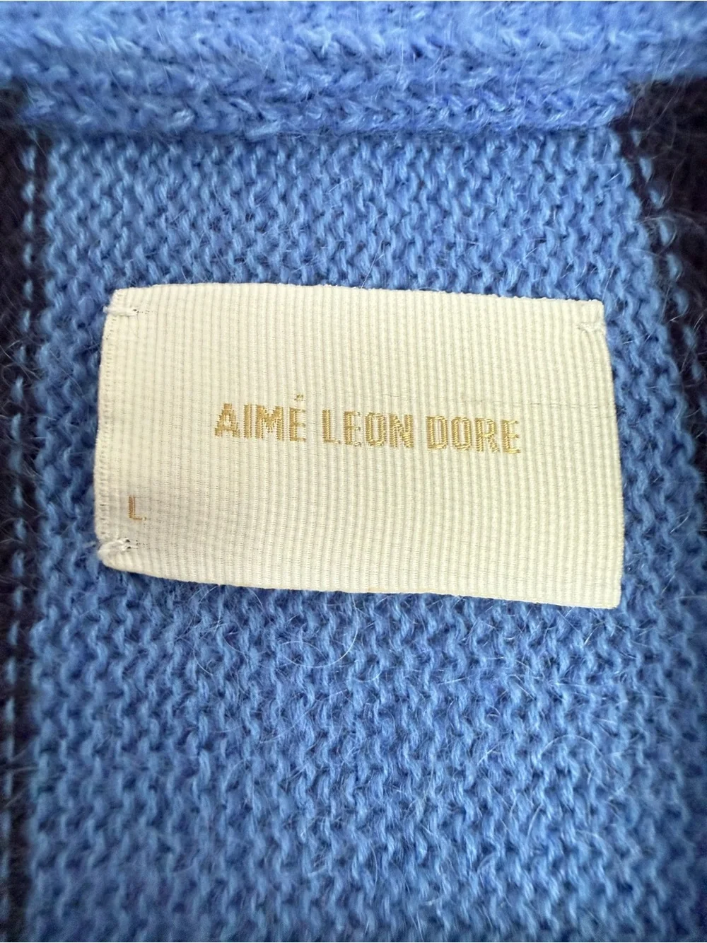 Aimé Leon Dore Striped Cardigan L Blue Cream Navy Wool Mohair Cotton Blend ALD